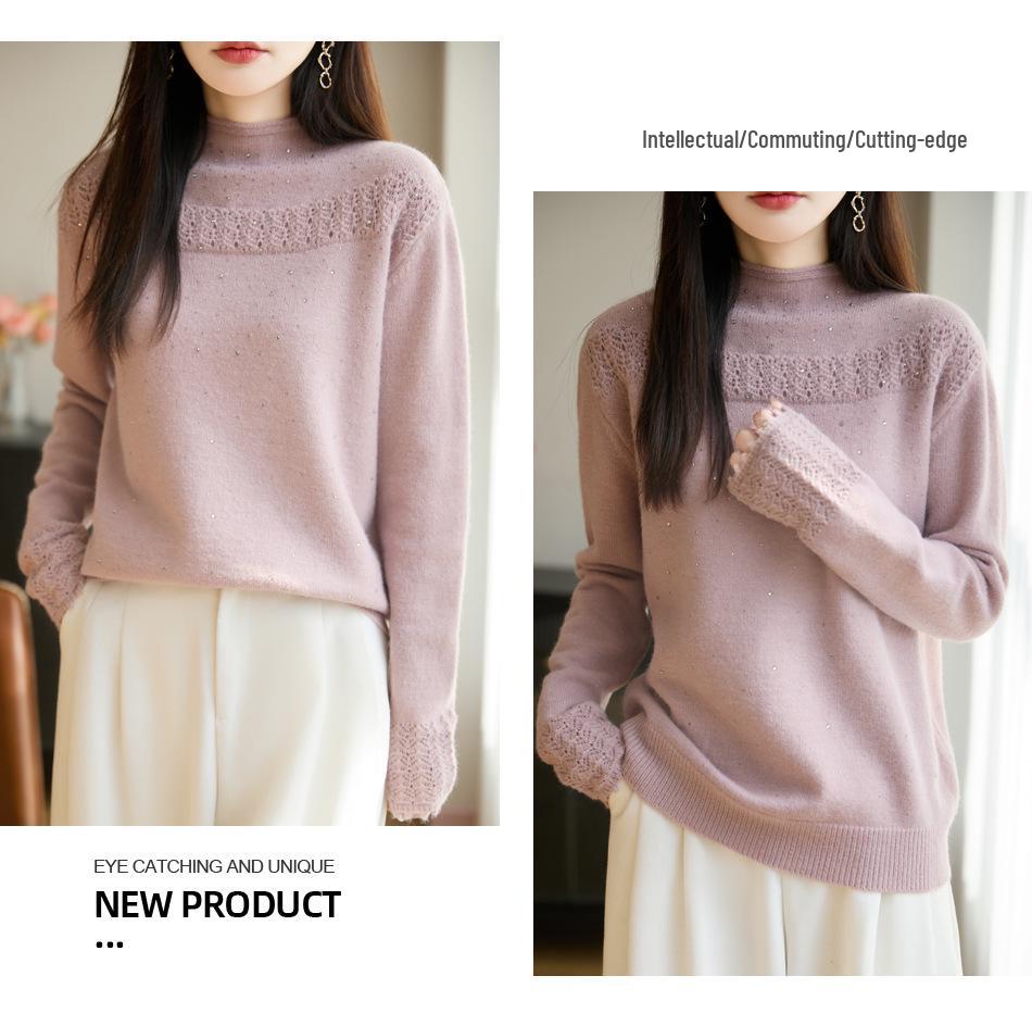 Elegant Rhinestone Embellished Crochet Sweater with Hollow-Out Design - Perfect for Autumn/Winter