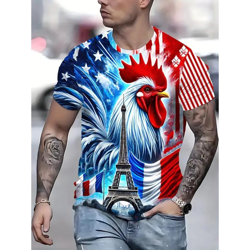 Men's 3D Rooster Printed T-shirt Humorous Digital Printed Short Sleeved T-shirt Breathable Polyester Round Neck Casual