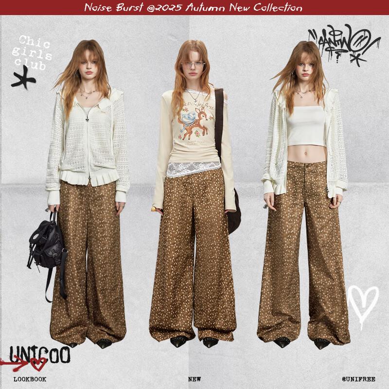 UNIFREE Deer Print High-Waisted Loose Wide-Leg Casual Pants