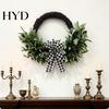 Hanging Door Wreath Artificial Lamb Ear Faux Greenery Leaves Rattan with Striped Year-round Decoration Bow Spring Farmhouse Decor for Front