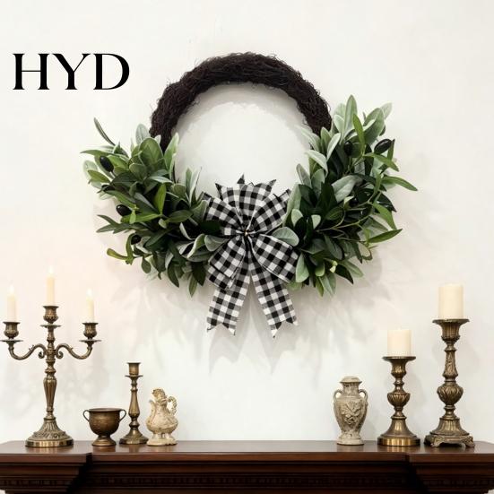 Hanging Door Wreath Artificial Lamb Ear Faux Greenery Leaves Rattan with Striped Year-round Decoration Bow Spring Farmhouse Decor for Front