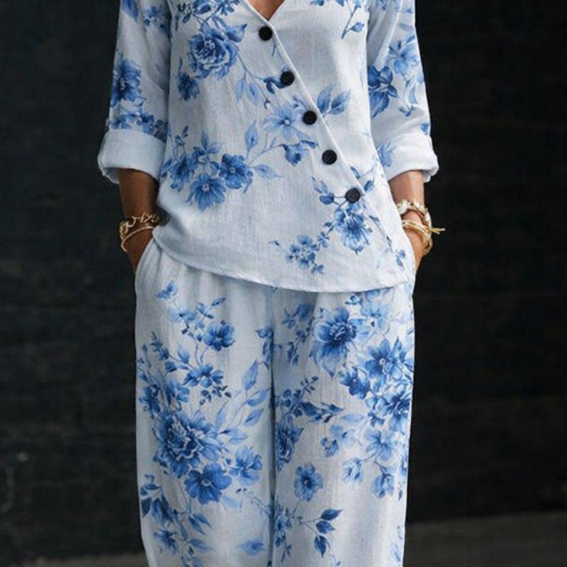 2026 Spring and Summer New Women's Clothing, European and American Minimalist Temperament Loose V-neck Diagonal Button Shirt Wide-leg Pants Two-piece