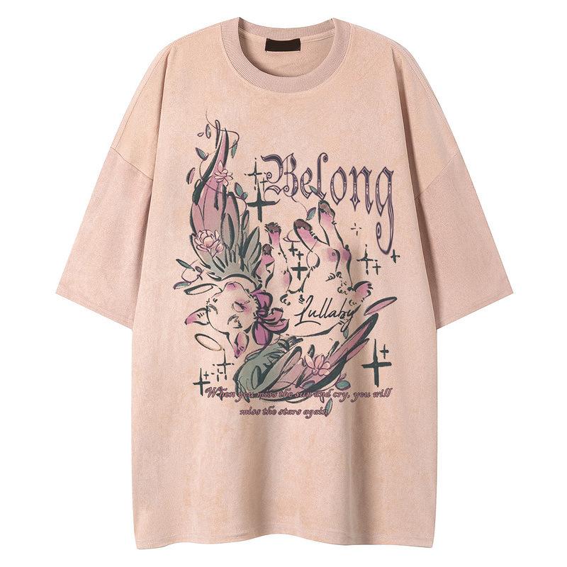 Illustrated design short-sleeve T-shirt for men, American trendy cartoon rabbit print, 230g suede short-sleeve T-shirt S