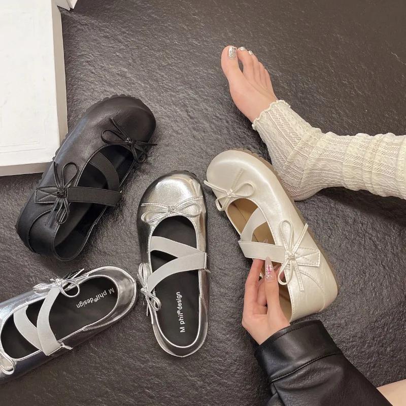 Retro Versatile Round Toe Buckle Strap Shoes for Women 2025 New High Quality Concise Butterfly-knot Soft Bottom Women's Flats