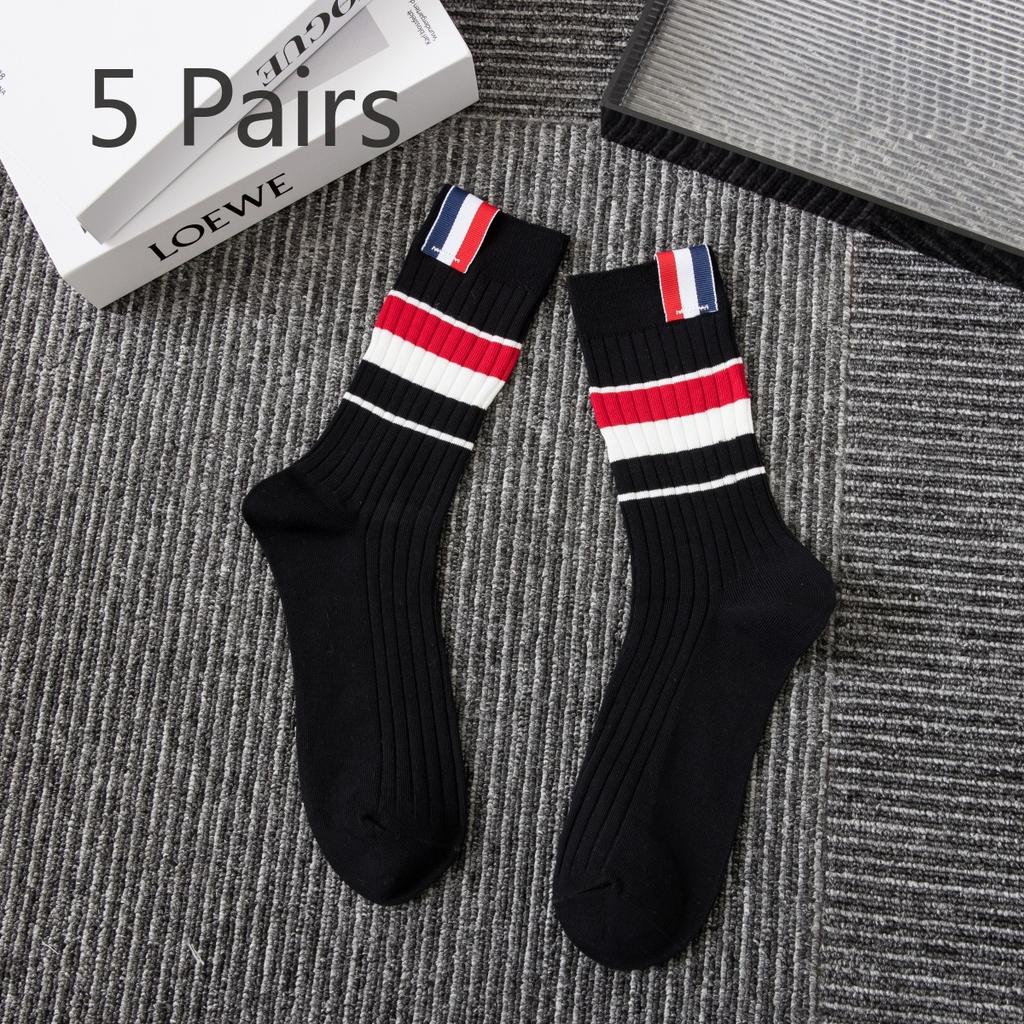 5 Pairs Tide Striped Collision Double Needle Simple Student Mid-calf Socks Women's Niche College Combed Cotton Sports Calf Socks