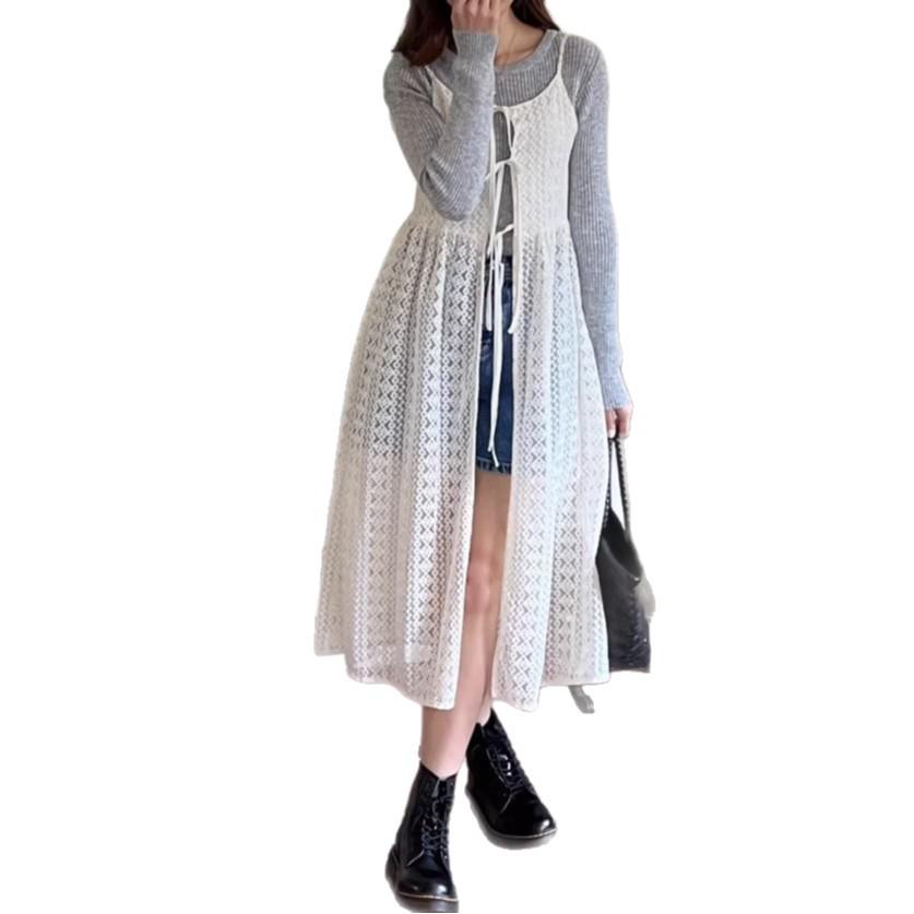 Korean Chic Lace See-Through Strappy Dress & Tie Cardigan - 2026 Spring/Summer Collection for Women