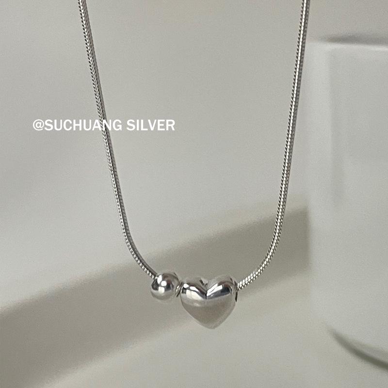 S925 Sterling Silver Heart & Round Ball Women s Necklace - Minimalistic Snake Bone Chain Choker 925 Silver
