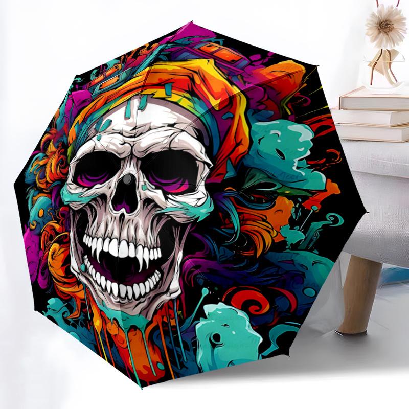 1pc Colorful Skull Design Pattern Beautiful Looking Automatic Folding Umbrella, 3 Folding, 8 Iron Frame Design, Durable and Suitable for Travel a