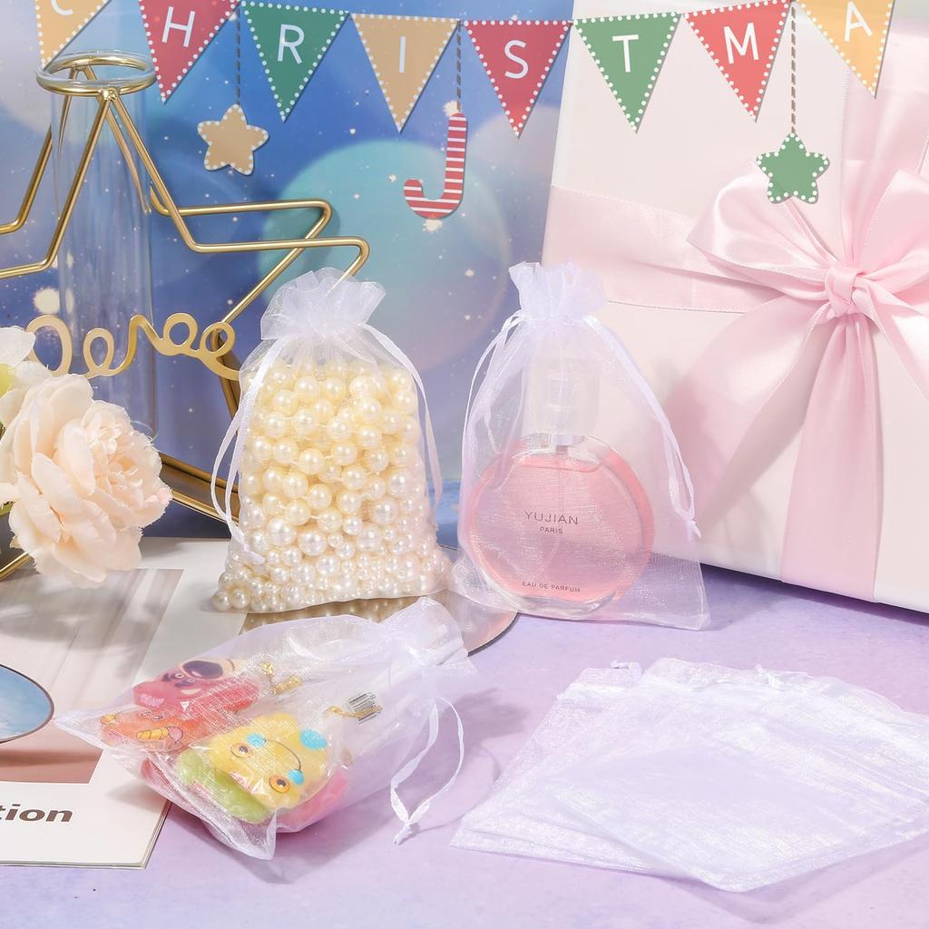 Hopttreely 100PCS Premium Sheer Organza Bags, White Wedding Favor Bags, 4x4.72 Jewelry Gift Bags for Party, Jewelry, Christmas, Festival, Bathroom