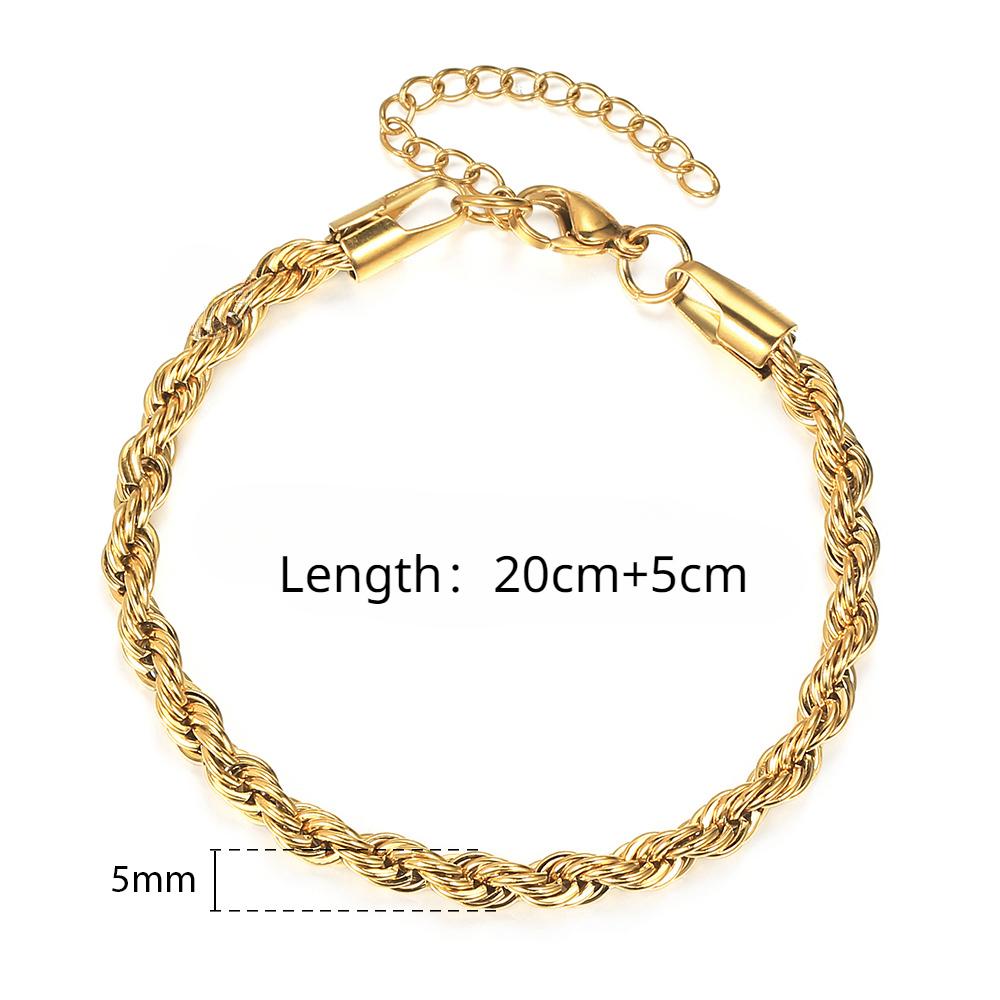

Браслеты-цепочки из витой веревки из нержавеющей стали 2/3/4/5 мм для женщин и мужчин, модный браслет в стиле панк, регулируемая длина 17 см + 5 см 5mm（20+5cm） золотой