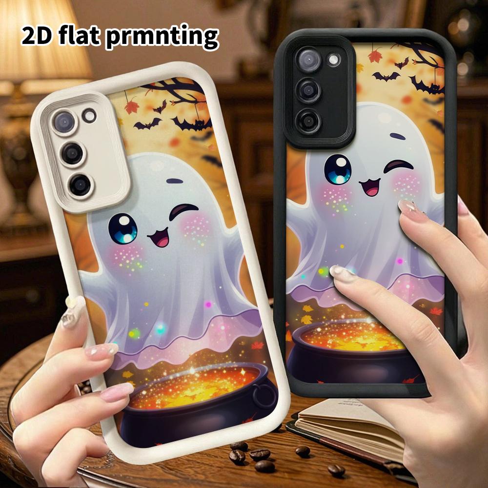 Phone Case: 2D Flat Samsung Galaxy A34 A35 M05 M06 S20 S22 S21 FE Plus 5G Layered Case, Cute Little Ghost and Cauldron, Christmas and Halloween Gift