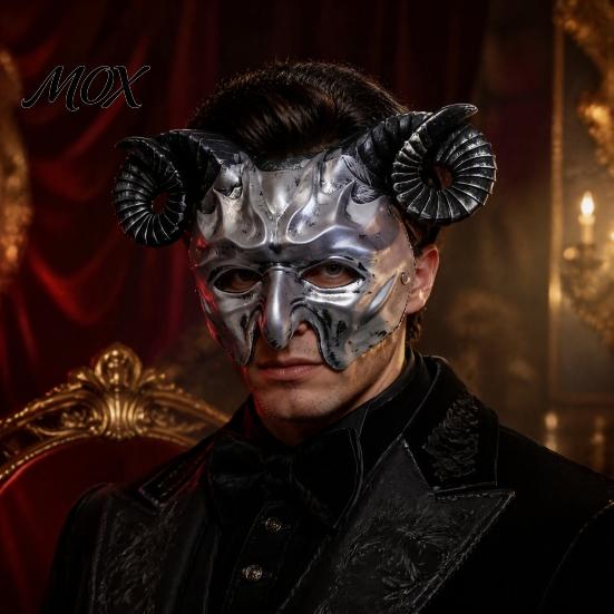 Retro Devil Costume Gothic Goat Head Masque with Horns, Adult Demon Skull Detailed Carvings Masque, Scary Animal Cosplay for Halloween Party,