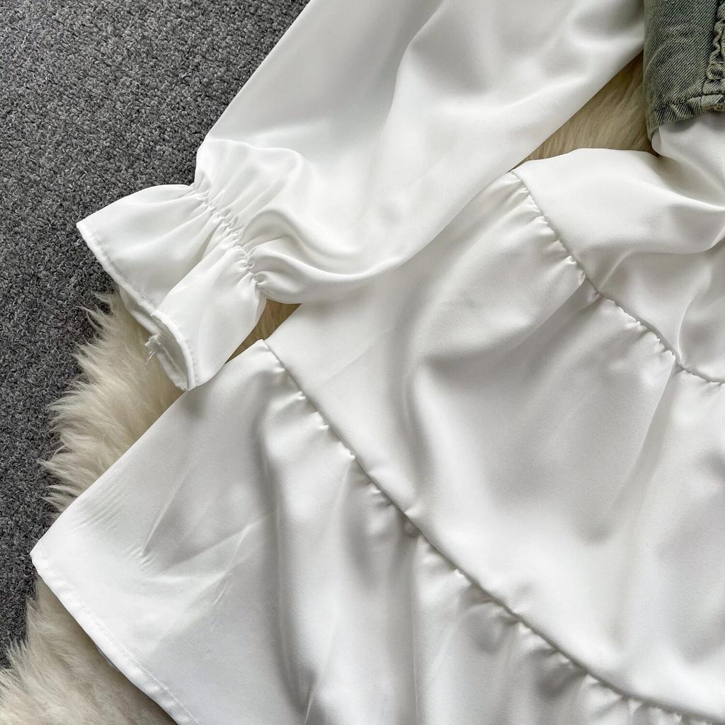 Koreansk Seriekläder Återupplivande Tvådelat Set Topp Retro Kort Jeansväst Trendigt Allmatchande Mellanlångt Skjortset