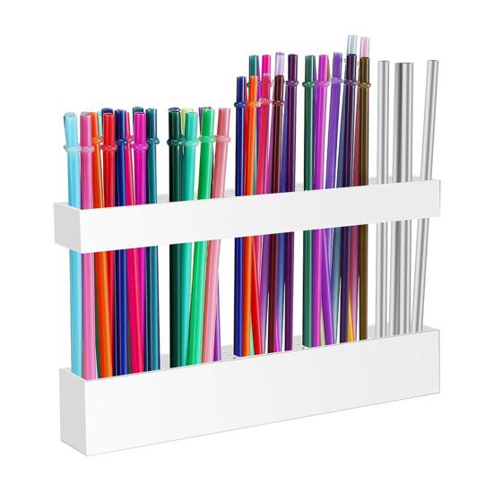 Storage Rack Transparent Acrylic Straw Holder with Drain Hole Adjustable Height Adhesive Tape Straw Organizer