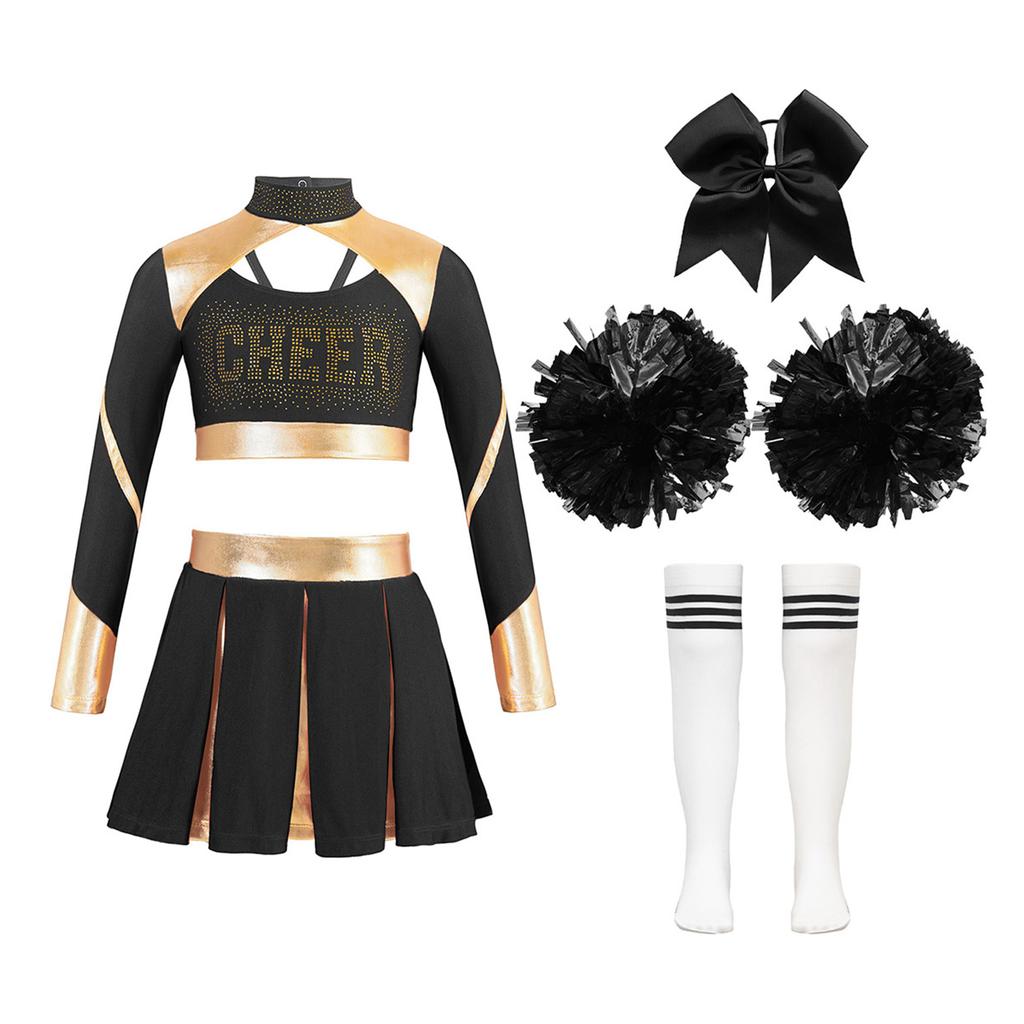 Kinder Mädchen Glitzerndes Cheer Outfit Ausgeschnittenes Crop Top Plissee Rock Gestreifte Strümpfe Schleife Accessoires Set