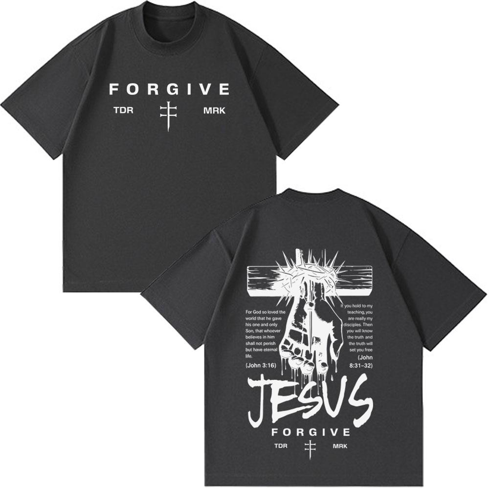 Jesus Forgive Vintage Fashion Graphic Tshirt Unisex Unisex Casual Loose Tshirts Shortsleeved Oversized Hiphop Cotton Tshirts