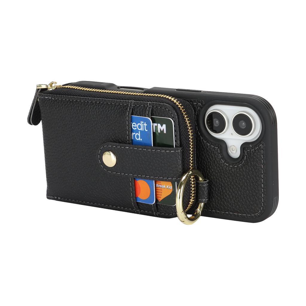 For iPhone 17 Case with Zipper Pouch / Ring Kickstand / Strap Litchi Texture PU + TPU Phone Cover