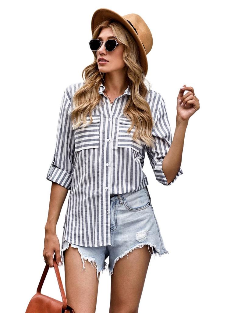 2024 Spring/Summer Women's Striped Cotton-Polyester Long-Sleeve Shirt