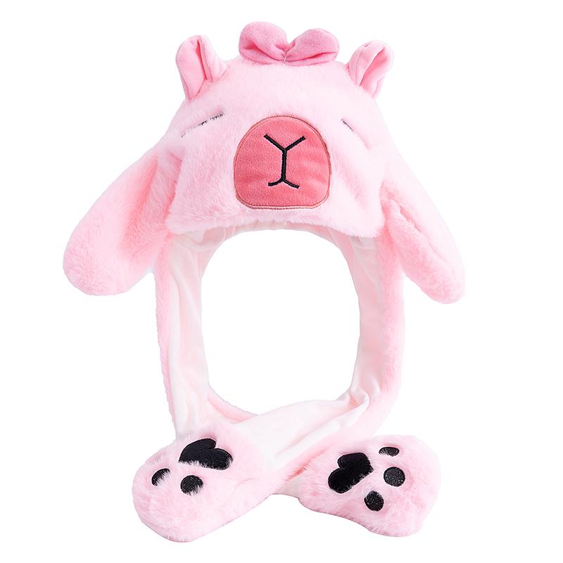 

New Style Lovely Sleep Kapibala Ear Moving Up Cap Women Girls Cute Funny Hat Rabbits Ears Plush Winter Lovely Hat 55cm-60cm рожевий