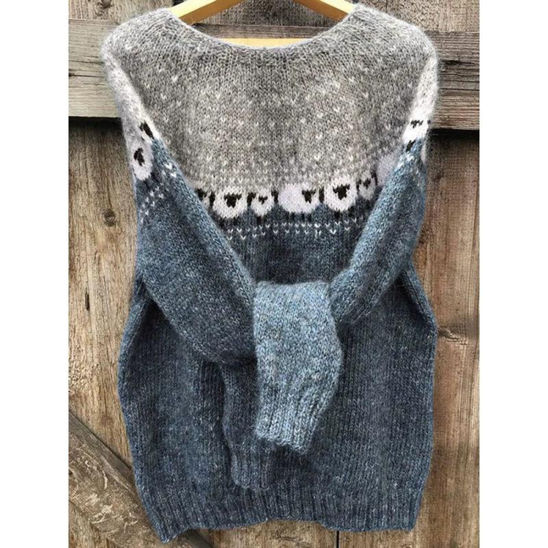 Multicolor Round Neck Knit Sweater with Sheep Pattern