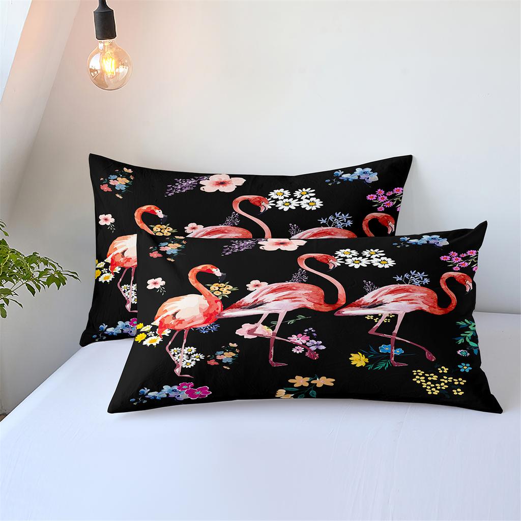 Flower Flamingo Bedding Set For Girl,Flamingos Full Bed Set,2 People Comforter Cover,Pink And Black Pdouble Bed Cover,Microfiber
