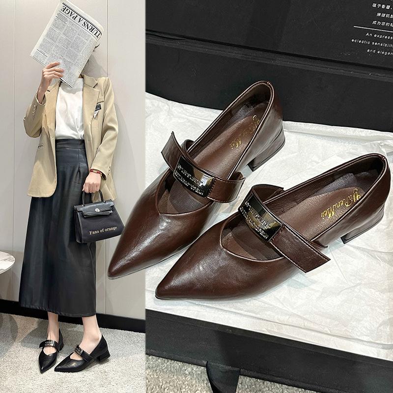 Hot Selling Women's Pumps Shoes Pointed Toe Low Heel Shoes Metal Buckle Mary Janes Leisure Fashion Spring Workplace Zapato Mujer