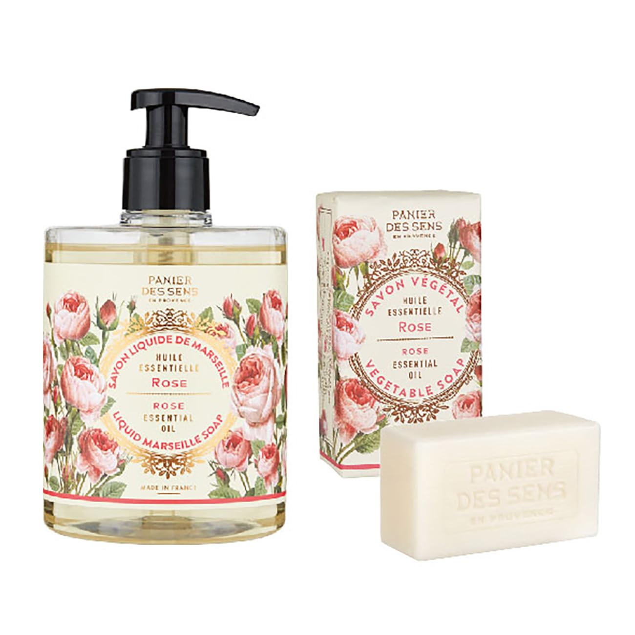 

Panierdessens Essentials Set (Liquid Marseille Soap & Vegetable Soap) - Made in France - Rose Scent - Full Body Wash