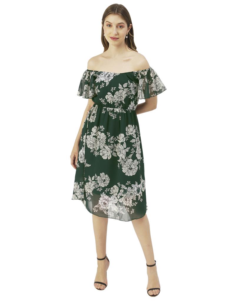 Moomaya Printed Off-Shoulder Poly Georgette Midi Dress Cinched Long Dress