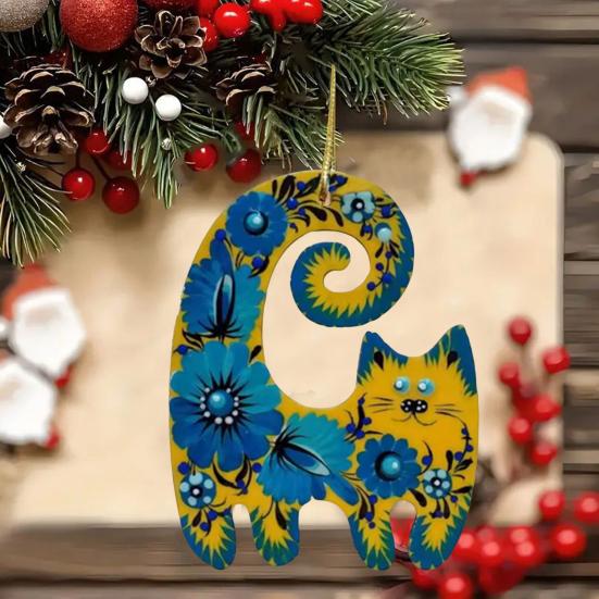Cat Christmas Ornaments Floral Hand-painted Acrylic Animal Tree Hanging Decoration for Holiday Tree Party Decor