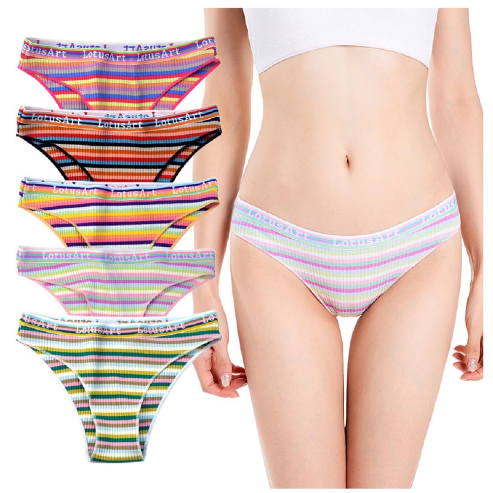 BEKYNI Ribbed Blend Colorful Sporty Brazilian Striped 5 Colors Women's Half-Back Cotton/Cotton Panties, Panties, (Size M)