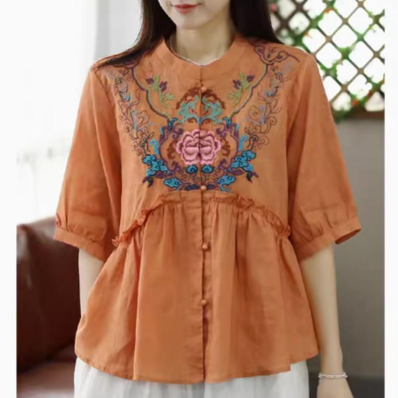 Johnature Women Embroidery Floral Vintage Shirts Tops Stand Half Sleeve Blouses