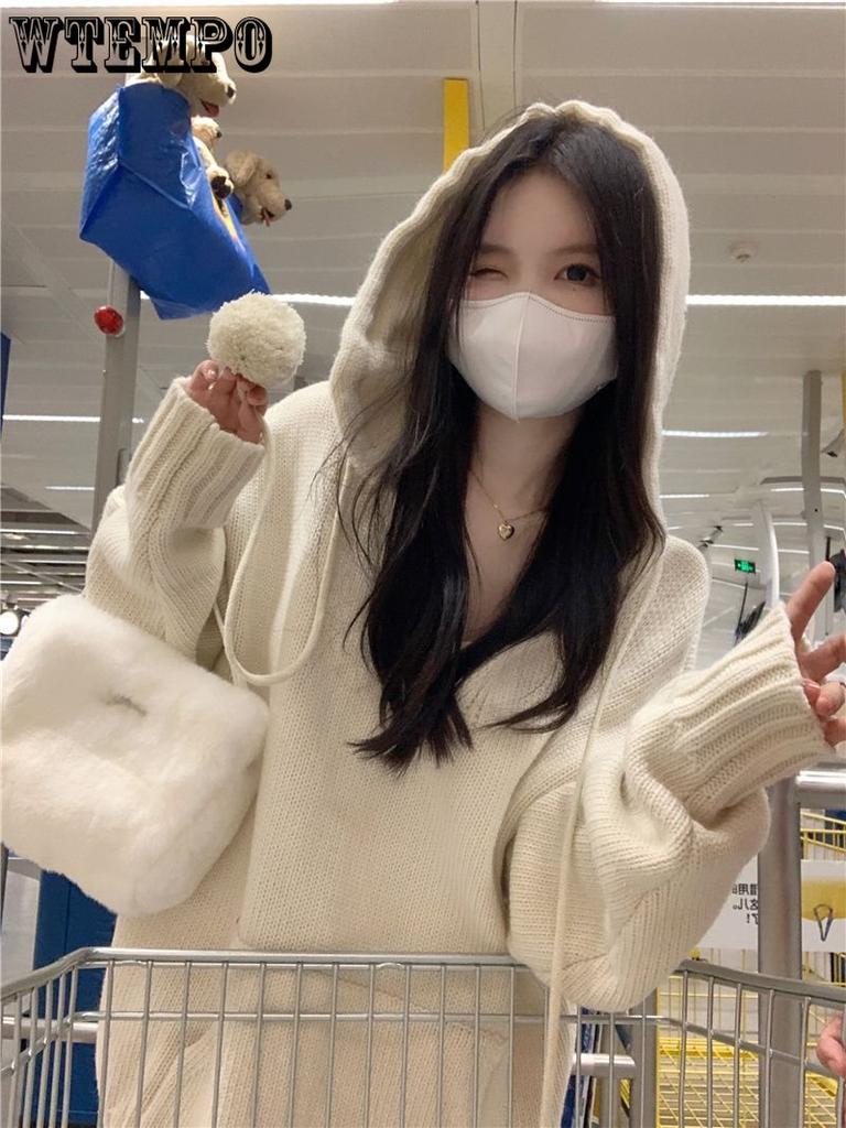 Korea Sweater Autumn Winter Vintage Solid Up Hooded Pullover Women's Long Sleeve Pockets Straight Slim Pullover