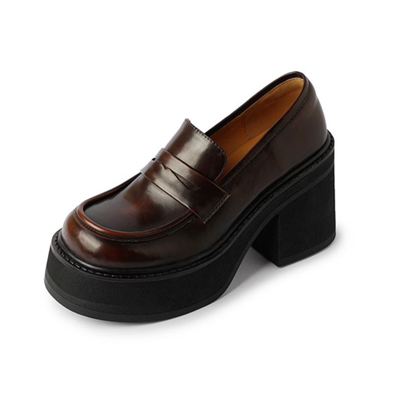 9CM Genuine Leather Women's Thick Sole Height Increase Vintage Pumps Chunky Mid Heels Spring Fashion Leather Shoes Size 34-39