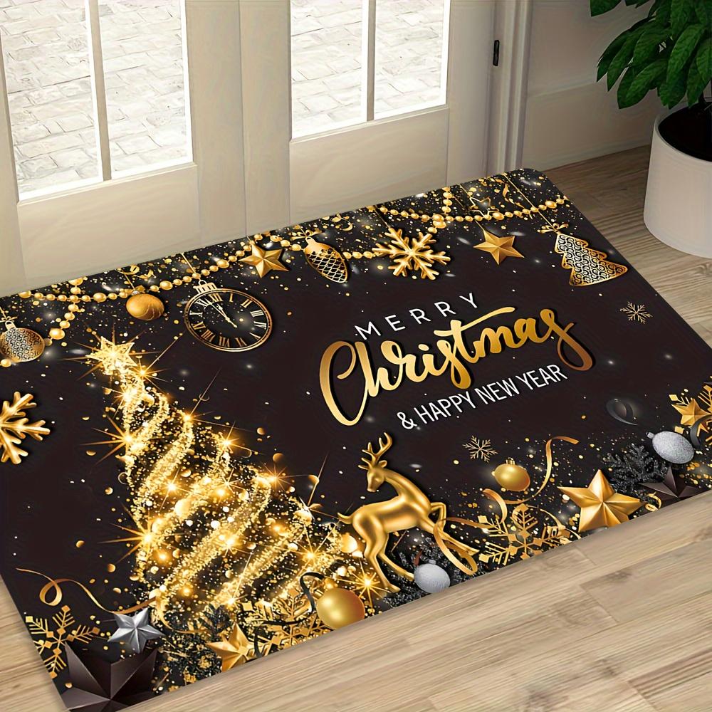 1pc Premium Flannel Christmas-Themed Mat, Luxurious Golden Tree and Reindeer Design Doormat, Non-Slip & Washable Mat for Living