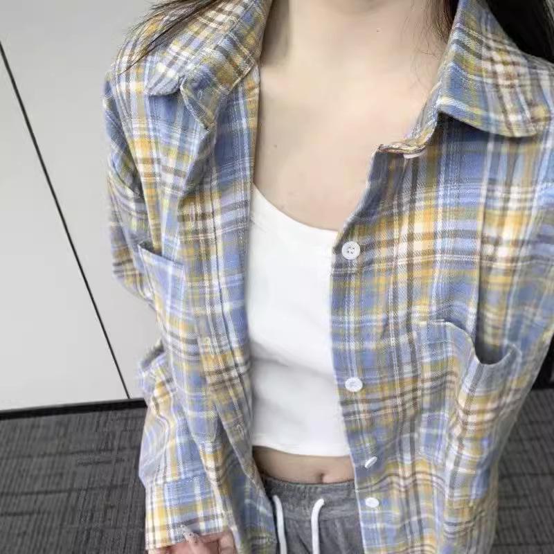 Women's Hong Kong Retro Plaid Loose Long-Sleeve Shirt for Spring/Autumn