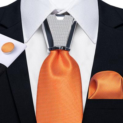 Mens Ties Silk Orange Soild Tie Silver Buckle Hoop Men's Hood Tie Set Pocket Square Men Gift