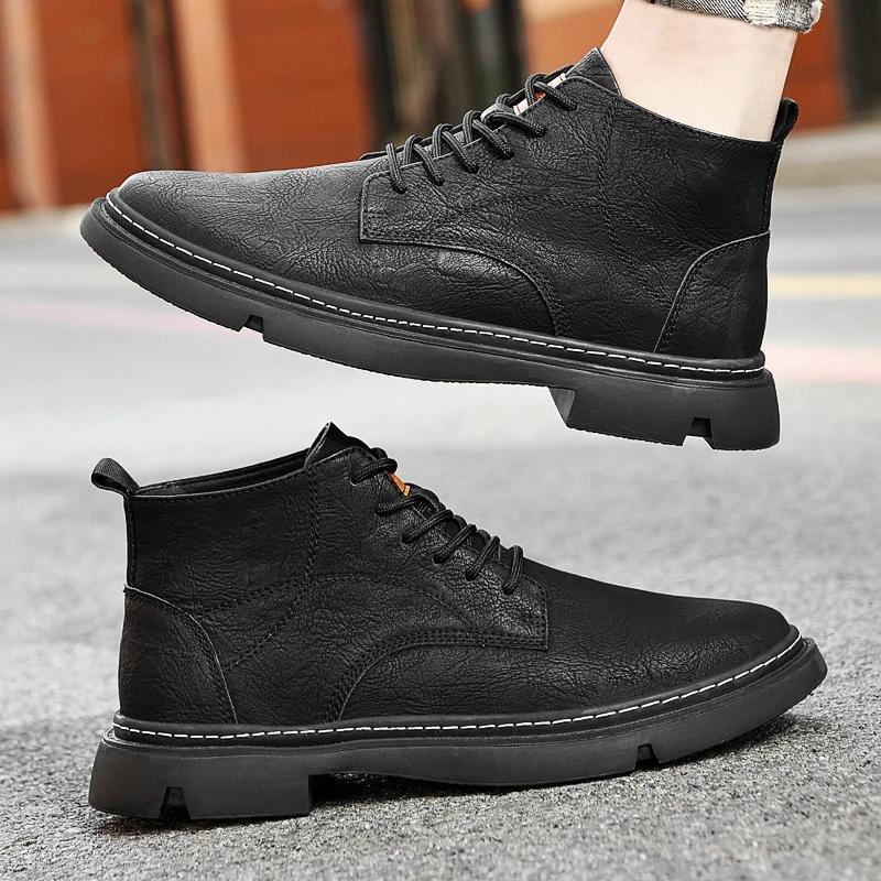 Herrenstiefel aus echtem Leder, hohe Qualität, warmes Plüschfell, Winterschuhe, Herren-Freizeitschuhe, Stiefeletten, rutschfeste Motorradstiefel