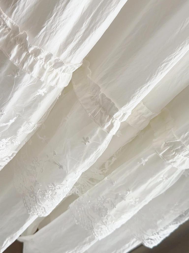 Women's High-Waist White Lace Ruffled Midi A-Line Skirt