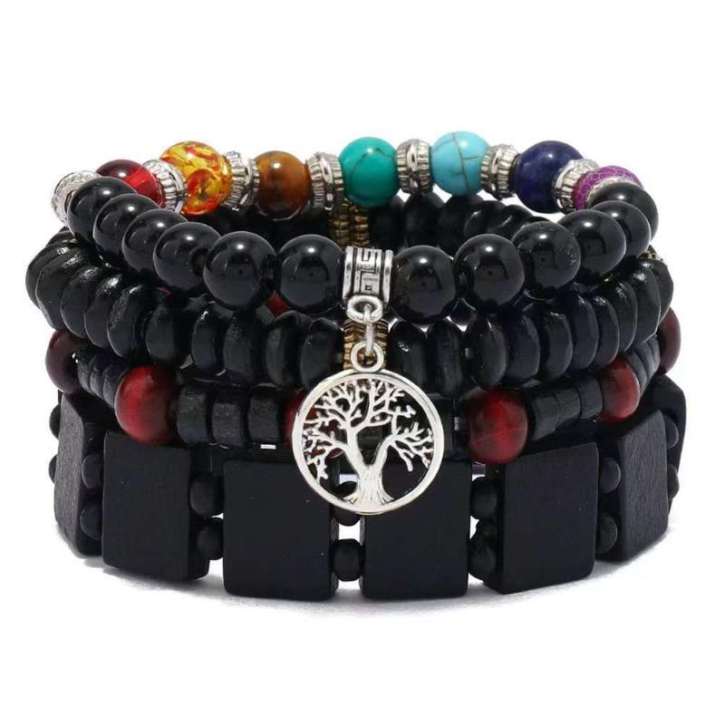 European, American Peace Tree Multi-piece Wooden Bead Beaded Bracelet Retro Simple Men's Personality Stacked Bracelet