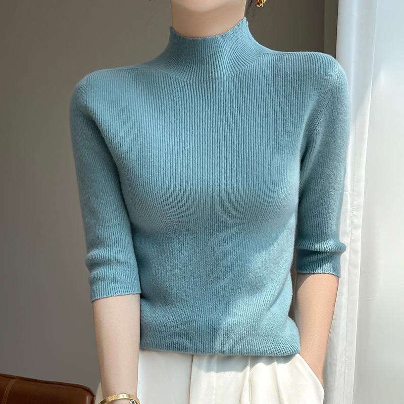 2025 Spring Women's Slim-Fit Mid-Neck Knitted Top with Five-Point Sleeves