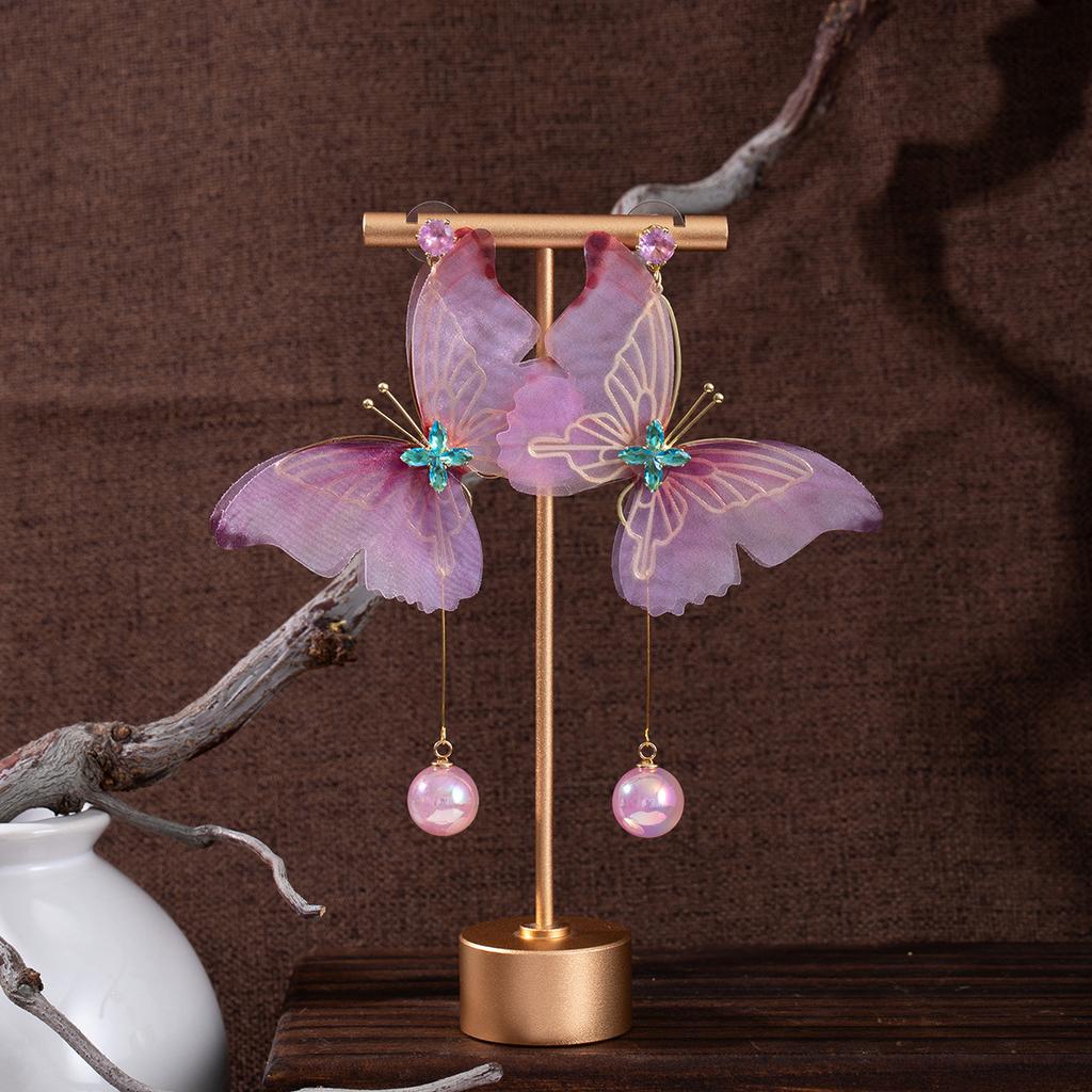 Purple-Pink Butterfly Diamond Pearl Pendant Earrings Mori Pastoral Small Fresh Earrings Super Fairy Tassel Earrings