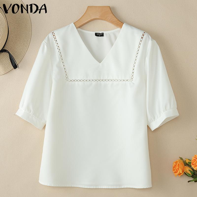 

VONDA Summer Women V Neck Short Sleeve Hollow Out Casual Blouse M белый