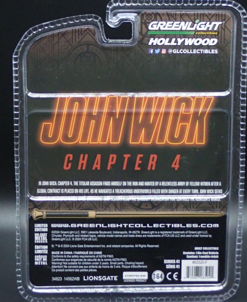 Greenlight American Car Plymouth CUDA Scale Diecast Model Car from the 1971 Movie John Wick 4 1/64