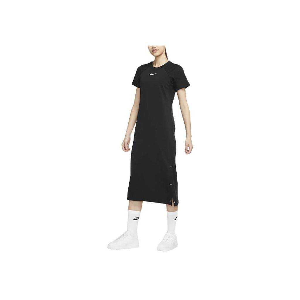 Nike Logo Embroidered Mesh Button Sports Casual Breathable Moisture-Wicking Quick-Dry Round Neck Short Sleeve Dress Women Dress Black DM8879-010