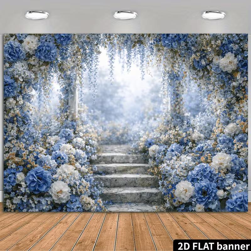 2D Blue White Hydrangea Floral Arch Stone Steps Misty Forest Backdrop Wedding Photography Background Cloth