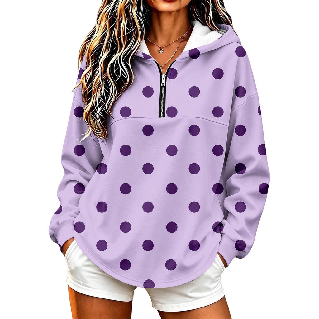 Leichter Kapuzenpullover für Damen mit Polka-Dot-Print, Pullover-Sweatshirt ohne Taschen für Freizeitkleidung