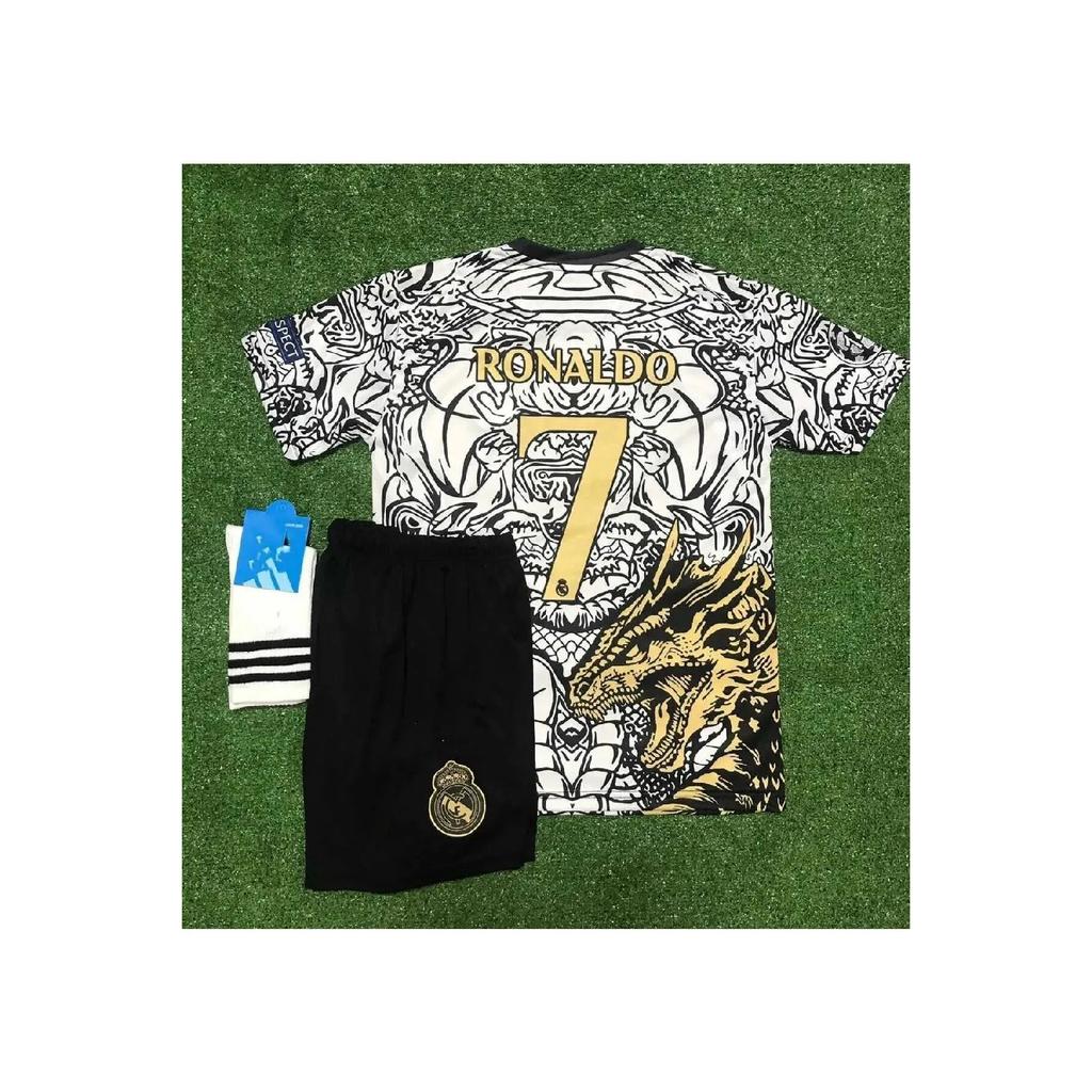 Real Madrid New Season Dragon Patterned Cristiano Ronaldo Children's Jersey 3-set (black-white)