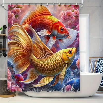 Goldfish Shower Curtain Wall Deco with Pink Blossoms Bath Decor Artistic Waterproof Print Home Decoration 3D Fabric Shower Panel