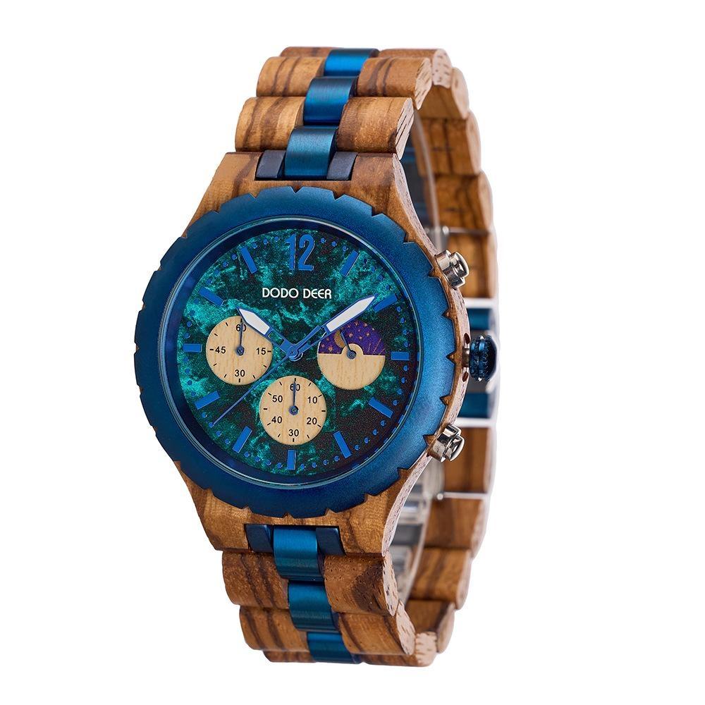 Herrenuhren Holzarmband Mode Blaues Zifferblatt Uhren Luxus Datum Chronograph Leuchtend Holz Armbanduhr Für Mann