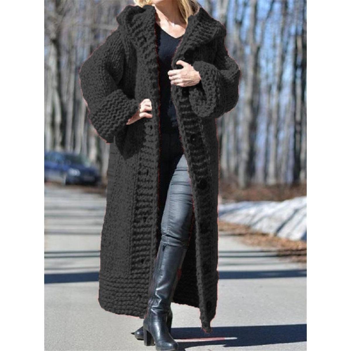 Dames Grof Gebreide Lange Cardigan met Capuchon Oversized Losse Trui Jas Winter Buitenkleding XXL black